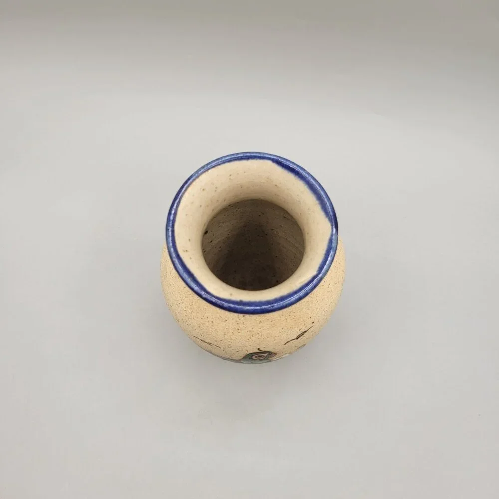 Mexican Tonala Pottery Vase Bird Flowers Folk Art Sandstone